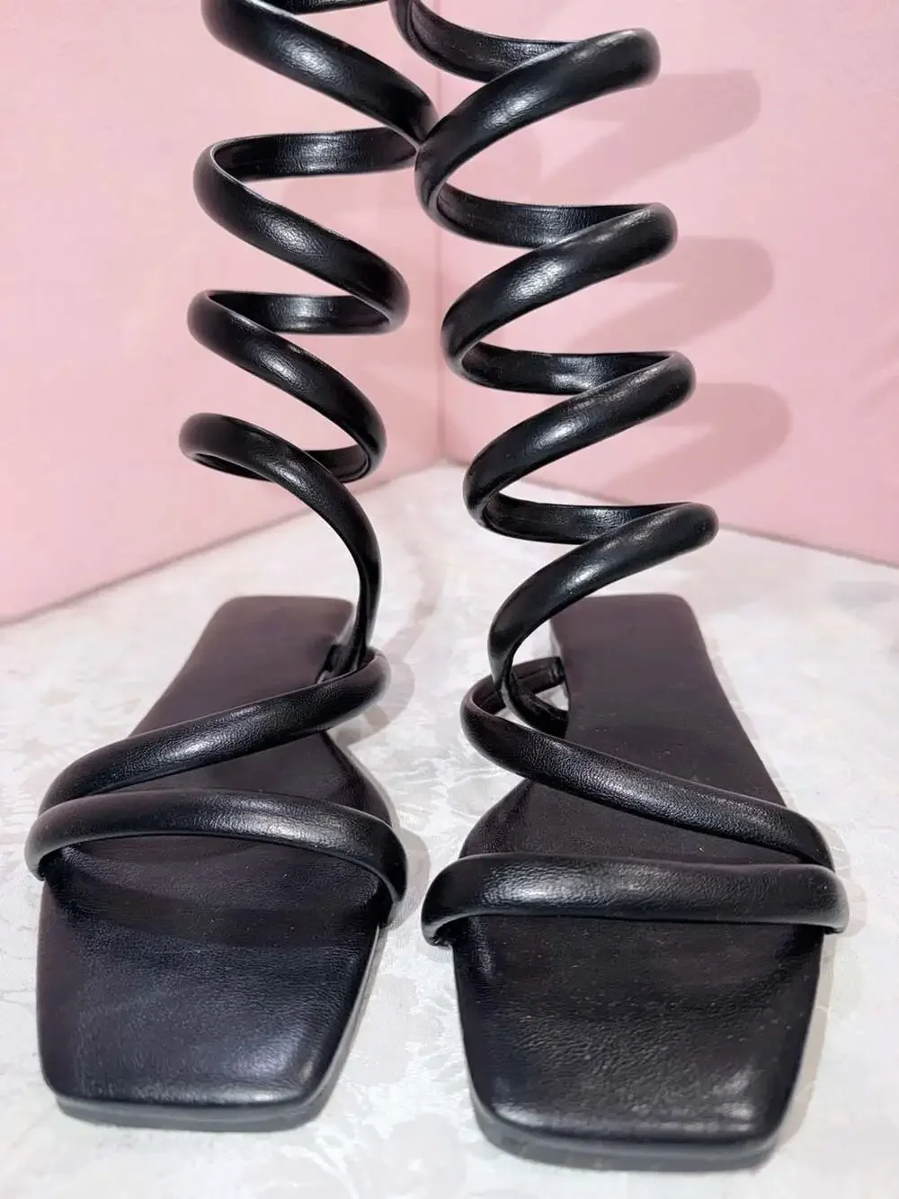 Forever 21 Black Spiral Wrap-Up Flat Sandals Size 10